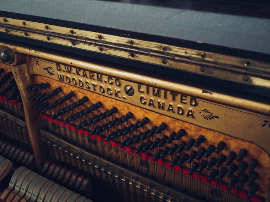 An old, weathered upright piano with its internal strings and hammers exposed, situated in a grassy field near a rural driveway. The piano's wood appears aged, with peeling paint and missing parts. Surrounding the piano is tall green grass, with a few small white posts nearby acting as markers. In the background, there are distant rolling hills covered in trees under a partly cloudy sky. The scene suggests an outdoor storage or discarded furniture area, but does not depict any moving activity or equipment. This image may relate to furniture transport or the disposal of unwanted items during a home relocation process, as handled by removal companies such as Removal Companies Kingston.