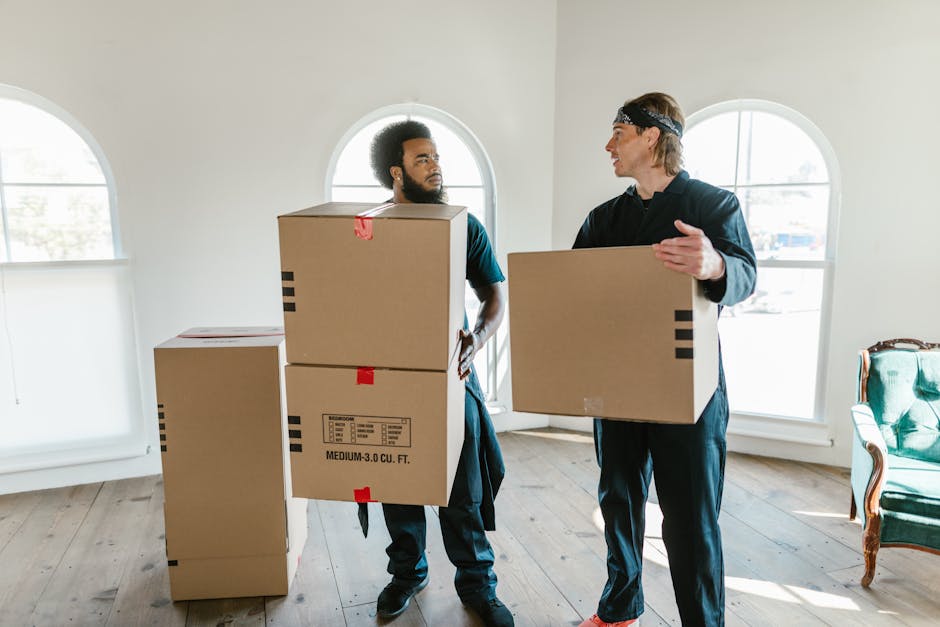 Two removal professionals from Kingston-based removal companies Kingston are inside a bright, spacious room during a home relocation process, engaged in a conversation while holding medium-sized cardboard boxes. The room is well-lit by natural daylight coming through two large, arched windows with white frames, revealing an outdoor scene in the background. One worker, with curly hair and a beard, is standing near a small table or stack of packed boxes positioned on the wooden floor. The other, wearing a black headband and casual dark clothing, is gesturing with one hand towards the boxes, possibly discussing the next steps in packing or loading. Several other packed boxes, some sealed with red and black tape, are scattered around the room, which features minimal furniture, including a green upholstered armchair with wooden arms and legs on the right side of the image. The scene captures the logistical aspect of furniture transport and packing during the removal and moving process, aligning with services offered by Removal Companies Kingston involved in house removals and transport logistics.